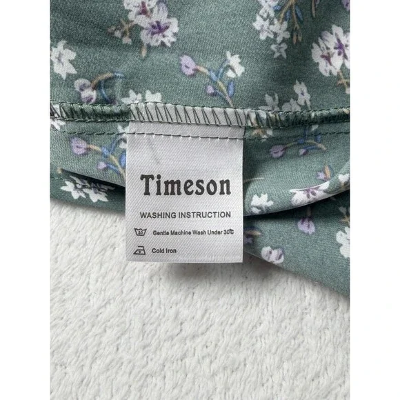 Timeson XL Sage Green Ditsy Floral Short Sleeve Blouse Open Collar EUC - Picture 5 of 5